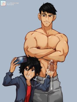 2boys artist_name big_hero_6 black_hair blue_hoodie bragging brothers brown_eyes collarbone commentary cowboy_shot english_commentary grey_background grey_pants grin gumroad_logo gumroad_username hair_between_eyes highres hiro_hamada hood hoodie idoraad incest looking_at_another male_focus male_pubic_hair multiple_boys muscular muscular_male nipples open_clothes open_hoodie pants pectorals penis pubic_hair raised_eyebrow red_shirt selfie shirt short_hair siblings simple_background smile tadashi_hamada teeth uncensored yaoi