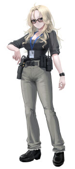1girl :o absurdres belt black_shirt blonde_hair blue_eyes boots breasts cleavage full_body glasses grey_pants gun handgun highres holster id_card lanyard long_hair looking_at_viewer magazine_(weapon) medium_breasts mixed-language_commentary original pants radio_antenna red_dot_sight shirt simple_background solo sthk sunglasses walkie-talkie watch wavy_hair weapon wristwatch