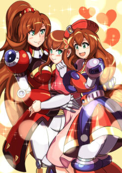 3girls absurdres android beret blush breasts brown_hair closed_mouth commentary_request girl_sandwich green_eyes hair_between_eyes hat heart highres hug iris.exe_(mega_man) iris_(mega_man) iris_-another-_(mega_man) kotatuman_dash large_breasts long_hair looking_at_another mega_man_(series) mega_man_battle_network_(series) mega_man_battle_network_6 mega_man_x4 mega_man_x_(series) mega_man_x_dive multiple_girls multiple_persona open_mouth ponytail red_hat sandwiched smile sparkle