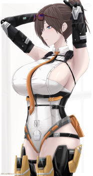 1girl archstreal armpits arms_up bare_shoulders blue_eyes bodysuit breasts bridget:_ardeo_(pgr) bridget_(pgr) brown_hair button_gap chest_harness closed_mouth collared_leotard commentary cowboy_shot eyewear_on_head hair_between_eyes harness highres large_breasts leotard mechanical_arms mechanical_legs multicolored_bodysuit necktie orange_necktie pouch punishing:_gray_raven sideboob sidelocks signature solo standing sunglasses two-tone_bodysuit tying_hair white_background white_leotard