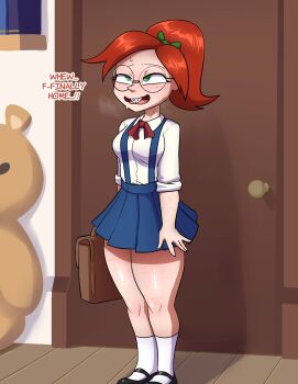 Rule 34 | 1girl, braces, freckles, green eyes, highres, horny girl, lech lewds, mary janes, natalie collins (lech lewds), nerdy female, orange hair, ponytail, school uniform, shoes, skirt, socks, suspender skirt, suspenders, tagme, thick thighs, thighs