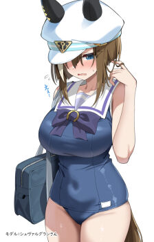 1girl animal_ears bag black_bag blue_one-piece_swimsuit blush bow bowtie breasts brown_hair brown_tail cheval_grand_(umamusume) commentary_request covered_navel cowboy_shot ear_covers hair_between_eyes hat horse_ears horse_girl horse_tail horseshoe_ornament large_breasts looking_down multicolored_hair one-piece_swimsuit open_mouth peaked_cap purple_bow purple_bowtie sailor_collar sailor_one-piece_swimsuit sasanon_(sasapoliton) school_bag short_hair short_hair_with_long_locks shoulder_bag simple_background solo streaked_hair sweat swimsuit tail thighs umamusume white_background white_hair white_hat white_sailor_collar white_streaks