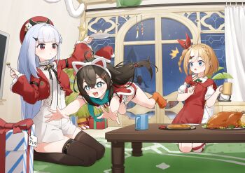 3girls absurdres ahoge animal_ears aqua_eyes black_hair black_thighhighs blue_eyes blunt_bangs braid brown_hair candy candy_cane capelet cardigan cat_ears christmas christmas_present christmas_tree commentary crossed_bangs crown_braid cup dodging donna_(stella_sora) dress fake_animal_ears fang food fork freesia_(stella_sora) freesia_(the_gift_of_falling_snow)_(stella_sora) frilled_sleeves frills fur-trimmed_capelet fur_trim gift grey_hair hair_between_eyes hat highres holding holding_fork holding_plate indoors jumping kneeling meme mini_hat mini_santa_hat monolith_(object) mug multiple_girls night official_alternate_costume open_mouth orange_socks plate post_haste_(stella_sora) red_capelet red_cardigan red_dress red_eyes santa_hat seiza shinji_holding_a_mug_(meme) shiroba_kamiya sitting smile snow snowing socks sparkling_eyes stella_sora surprised table teresa_(stella_sora) thighhighs turkey_(food) white_dress wide_sleeves wind_chime window