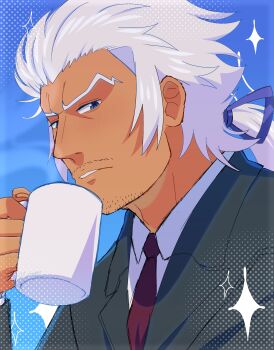 Rule 34 | 1boy, absurdres, black jacket, blue eyes, blue ribbon, blue sky, catovyen, classicaloid, collared shirt, commentary, cup, english commentary, facial hair, goatee stubble, grey hair, highres, holding, holding cup, jacket, johann sebastian bach (classicaloid), long sleeves, looking at viewer, male focus, mature male, mug, mustache, necktie, ponytail, portrait, red necktie, ribbon, shirt, sky, solo, sparkle, stubble, tan, v-shaped eyebrows, white shirt