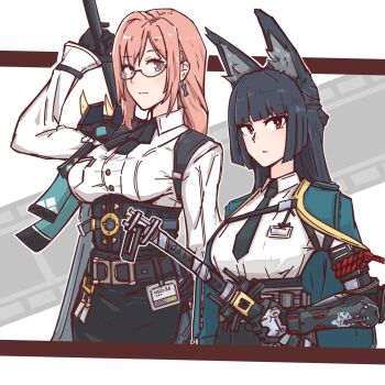 Rule 34 | 2girls, animal ear fluff, animal ears, apakan, aqua jacket, arm out of sleeve, arm up, armor, black gloves, black hair, black necktie, black skirt, blunt bangs, breasts, closed mouth, commentary request, dress shirt, earrings, fox ears, fox girl, gauntlets, glasses, gloves, high-waist skirt, highres, holding, holding behind back, holding sword, holding weapon, holding weapon behind back, hoshimi miyabi, hourglass earrings, id card, jacket, jewelry, katana, large breasts, long hair, looking at viewer, multiple girls, naginata, necktie, pencil skirt, pink eyes, pink hair, polearm, red eyes, shirt, shirt tucked in, shoulder armor, single gauntlet, skirt, sword, tsukishiro yanagi, upper body, weapon, white shirt, zenless zone zero