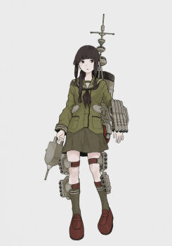 Rule 34 | 1girl, bad id, black hair, black necktie, blunt bangs, braid, brown shoes, full body, green sailor collar, green skirt, grey background, hair over shoulder, highres, holding, kantai collection, kitakami (kancolle), kneehighs, long hair, long sleeves, neckerchief, necktie, parted lips, pleated skirt, rigging, sailor collar, school uniform, serafuku, shoes, sidelocks, simple background, single braid, skirt, socks, solo, standing, tae, thigh strap, torpedo tubes