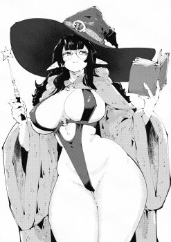 1girl body_freckles book breasts chest_freckles cloak closed_mouth commentary cowboy_shot english_commentary freckles glasses greyscale hat highleg highleg_leotard highres holding holding_book holding_wand large_breasts legs_together leotard long_hair long_pointy_ears looking_at_viewer miregeist monochrome o-ring open_book original playboy_bunny pointy_ears round_eyewear simple_background smile solo standing wand wide_hips witch witch_hat