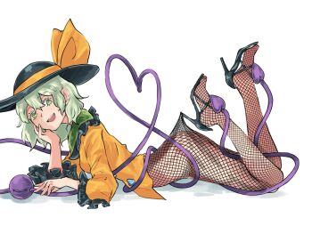 1girl black_hat black_shoes bow commentary fishnet_pantyhose fishnets frilled_shirt frills from_side full_body green_eyes green_hair hat hat_bow high_heels highres hooked_on_heel karua_m komeiji_koishi lace_pantyhose_hooked_on_heel_(meme) lying meme on_stomach open_mouth orange_bow orange_ribbon pantyhose ribbon shirt shoes short_hair simple_background solo symbol-only_commentary teeth third_eye touhou upper_teeth_only white_background yellow_shirt