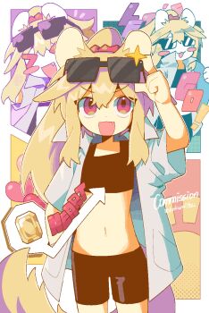 ! &gt;_&lt; 1girl adjusting_eyewear animal_ear_request animal_ears arrow_(symbol) black_shorts black_tank_top blonde_hair blush_stickers border coat commentary commission crop_top english_commentary engrish_commentary eyewear_on_head fang gem hair_between_eyes halftone heart highres kokum0tsu long_hair multiple_views navel open_mouth original ponytail red_eyes shorts standing sun sunglasses tail tank_top twitter_username white_border white_coat