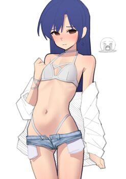 1girl bikini blue_hair blue_shorts blush brown_eyes closed_mouth commentary cowboy_shot crying_emoji denim denim_shorts earrings emoji flat_chest highres idolmaster idolmaster_(classic) jewelry kisaragi_chihaya light_frown long_hair micro_shorts navel shorts simple_background soayo solo standing swimsuit untranslatable_commentary white_background white_bikini