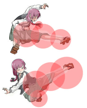 1girl black_bow black_jacket blush bocchi_the_rock! bow braid captain_falcon closed_eyes dress f-zero fang fighting_game geta green_dress hair_over_shoulder highres hiroi_kikuri hitbox jacket kicking multicolored_jacket nintendo one_eye_closed purple_hair simple_background single_braid solo spin_kick super_smash_bros. tongue tongue_out torako_(toramaru) two-tone_jacket white_background white_jacket