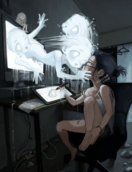 6+girls absurdres artist_name at_computer bandaid bandaid_on_leg bare_arms bare_legs bare_shoulders barefoot black_hair bracelet cable chair claw_hair_clip colored_skin commentary completely_nude computer cuts desk drawing drawing_tablet dripping face-to-face female_focus flat_chest from_side full_body glasses glitch glowing glowing_eyes hair_ornament hairclip hands_on_another&#039;s_face highres holding holding_another&#039;s_wrist holding_stylus indoors injury ishida_umi jewelry knee_up loli looking_at_another mini_person minigirl monitor multiple_girls nude office_chair on_chair original outstretched_arms paper profile screen_light self-harm shirt sidelocks sitting sleeveless sleeveless_shirt spaghetti_strap strap_slip stylus swivel_chair through_medium through_screen updo watermark white_hair white_shirt white_skin