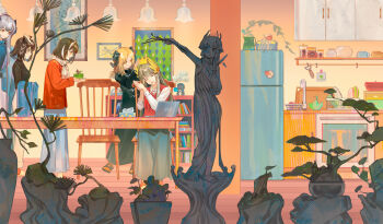 5girls ^_^ absurdres arknights blonde_hair brown_hair chair closed_eyes commentary computer curled_horns doctor_(arknights) grey_hair happy_birthday highres horns ifrit_(arknights) indoors laptop looking_at_another lyuqiu magallan_(arknights) mole mole_under_eye muelsyse_(arknights) multiple_girls plant potted_plant refrigerator rhine_lab_logo saria_(arknights) silence_(arknights) statue