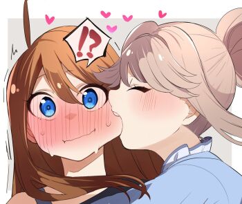 !? 2girls ahoge biting biting_cheek blue_eyes blush border brown_hair closed_eyes closed_mouth commentary_request grey_background hair_bun heart idolmaster idolmaster_million_live! long_hair multiple_girls outside_border portrait simple_background single_hair_bun soeji tenkuubashi_tomoka tokoro_megumi white_border yuri