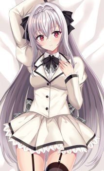 1girl black_bow black_bowtie black_ribbon black_thighhighs bow bowtie braid breasts closed_mouth commentary_request dakimakura_(medium) garter_straps hair_between_eyes hair_ribbon harimoji highres long_hair long_sleeves looking_at_viewer lying medium_breasts on_back red_eyes ribbon sakurakouji_luna school_uniform skirt smile solo thighhighs thighs tsuki_ni_yorisou_otome_no_sahou very_long_hair white_hair white_skirt