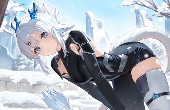 1girl animal_ears blue_eyes bodysuit commentary commission dragon_girl dragon_horns dragon_tail ear_piercing english_commentary highres horns jewelry looking_at_viewer necklace original outdoors piercing short_hair single_thighhigh smile somegirllexi sylent_bell tail thighhighs virtual_youtuber white_hair