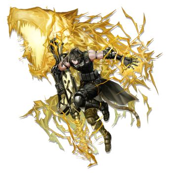 1boy animal_ears arknights bare_shoulders black_boots black_gloves black_hair black_pants black_shirt boots broca_(arknights) brown_hair electricity full_body gloves highres holding holding_weapon infukun knee_pads looking_at_viewer male_focus muscular official_art pants shirt short_hair sleeveless sleeveless_shirt solo tail tiger_boy tiger_ears tiger_tail transparent_background weapon