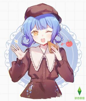 1girl ;d apple arrow_(symbol) blue_hair braid braided_hair_rings brown_hat brown_shirt chinese_commentary collared_shirt commentary_request floral_print food fruit hair_rings hands_up hat highres holding holding_food long_sleeves looking_at_viewer mahou_shoujo_no_majo_saiban newsboy_cap official_alternate_costume one_eye_closed open_mouth pie pie_slice ra_yu_shang shirt short_hair smile solo tachibana_sherry treasure_cafe upper_body yellow_eyes