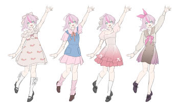 1girl absurdres alternate_costume aqua_eyes arm_up artist_collaboration black_shoes blue_shirt bow commentary dress english_commentary gradient_clothes gradient_dress grey_shirt hair_bow highres honkai_(series) honkai_impact_3rd long_sleeves looking_at_viewer medium_hair multicolored_hair multiple_views neckerchief open_mouth pink_bow pink_dress pink_hair pink_neckerchief pink_socks ponytail reference_sheet sang_sha shirt shoes simple_background sketch smile socks streaked_hair waving white_background white_socks yae_rin zelian