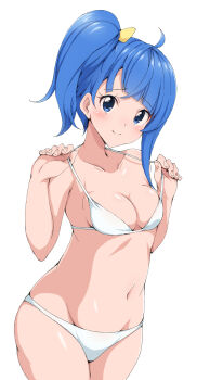 Rule 34 | 1girl, adjusting clothes, adjusting swimsuit, bikini, blue eyes, blue hair, blush, bow, breasts, cleavage, closed mouth, commentary, cowboy shot, cut bangs, groin, hair bow, highres, hirogaru sky! precure, izuna masaru, looking at viewer, medium hair, navel, precure, side ponytail, single sidelock, smile, solo, sora harewataru, standing, swimsuit, white bikini, yellow bow