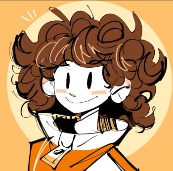 black_eyes blush brown_hair highres i_was_born_to_work_retail jacket large_collar looking_at_viewer messy_hair mob_face multicolored_jacket orange_background orange_jacket peargor portrait smile solid_oval_eyes two-tone_jacket white_jacket yu_(peargor) zipper