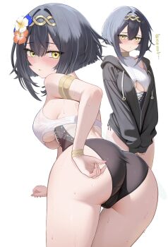 1girl adjusting_clothes adjusting_swimsuit amber_(stella_sora) armlet ass black_hair black_hoodie black_one-piece_swimsuit blush bracelet breasts cleavage clothing_cutout commentary flower hair_flower hair_intakes hair_ornament halterneck headpiece highres hood hoodie jewelry large_breasts looking_at_viewer medium_hair multiple_views official_alternate_costume one-piece_swimsuit parted_lips partially_unzipped ryouta_(ryouta335) stella_sora swimsuit thigh_gap thighs translated two-tone_one-piece_swimsuit underboob underboob_cutout wet white_one-piece_swimsuit yellow_eyes
