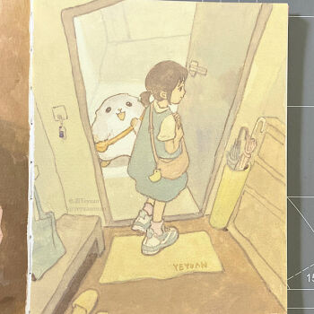 1girl animal artist_name bag bag_charm bench black_hair blue_dress charm_(object) closed_mouth commentary_request doormat dress expressionless full_body hamster indoors open_door original painting_(medium) photo_(medium) pinafore_dress ponytail shoes short_hair short_ponytail short_sleeves shoulder_bag sleeveless sleeveless_dress sneakers socks solo traditional_media twitter_username umbrella_stand walking yeyuan33