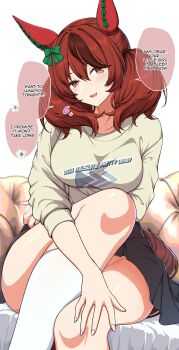 1girl absurdres aged_up alternate_breast_size_(larger) alternate_costume animal_ears black_skirt blush breasts brown_eyes brown_hair brown_shirt commentary english_text highres horse_ears horse_girl horse_tail large_breasts long_hair looking_at_viewer multicolored_hair nice_nature_(umamusume) no_panties open_mouth sheita shirt skirt smile socks solo speech_bubble streaked_hair tail thighs twintails umamusume white_socks