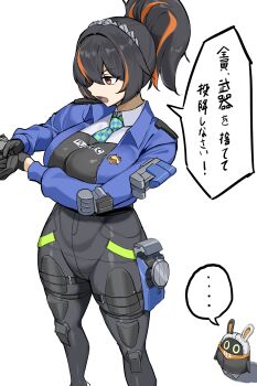 ... 1girl absurdres black_bodysuit black_hair blue_shirt bodysuit breasts collared_shirt commentary_request cropped_shirt eous_(zenless_zone_zero) goma. gun handgun high_ponytail highres holding holding_gun holding_weapon large_breasts long_hair multicolored_hair open_mouth police police_uniform policewoman ponytail red_eyes red_hair robot shirt simple_background speech_bubble standing streaked_hair talking translation_request weapon white_background zenless_zone_zero