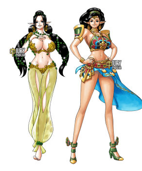 2girls barefoot black_hair blush boa_hancock bracelet breasts cleavage cosplay curvy earrings female_focus full_body great_fairy_(zelda) great_fairy_(zelda)_(cosplay) hands_on_own_hips huge_breasts hyrule_warriors iury_padilha jewelry large_breasts long_hair looking_at_viewer multiple_girls nail_polish navel nico_robin nintendo one_piece pointy_ears ring sarong tan the_legend_of_zelda the_legend_of_zelda:_breath_of_the_wild urbosa urbosa_(cosplay)