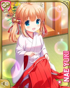 1girl blue_eyes brown_hair character_name day flower girlfriend_(kari) hair_flower hair_ornament indoors japanese_clothes kimono kneeling knitting long_hair miko official_art open_mouth qp:flapper smile solo twintails white_kimono yuuki_nae