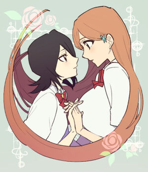 2girls black_hair bleach bow bowtie breasts commentary_request eye_contact holding_hands inoue_orihime interlocked_fingers kuchiki_rukia large_breasts looking_at_another medium_hair multiple_girls nigatsumikka orange_hair red_bow red_bowtie small_breasts yuri