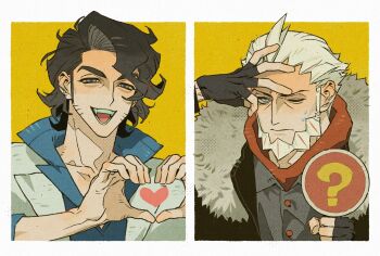 2boys ? beard black_hair black_jacket blue_eyes blue_shirt buttons closed_mouth collarbone facial_hair fur-trimmed_jacket fur_trim grey_shirt hand_on_own_face heart heart_hands high_collar highres jacket lapels luye_unknows lysandre_(pokemon) male_focus multiple_boys nintendo one_eye_closed open_clothes open_jacket open_mouth parted_hair pokemon pokemon_legends:_z-a pokemon_xy professor_sycamore shirt smile sweat wavy_hair white_fur white_hair white_jacket