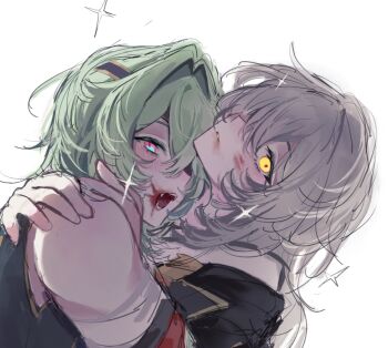 1boy 1girl anaxa_(honkai:_star_rail) bare_shoulders blood blood_on_face eyepatch fang green_hair grey_hair hair_between_eyes hashtag-only_commentary heterochromia highres honkai:_star_rail honkai_(series) multicolored_eyes qiannoop sparkle stelle_(honkai:_star_rail) trailblazer_(honkai:_star_rail) white_background yellow_eyes