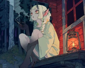 1girl artist_name black_nails braid building cigarette commentary cross cross_earrings dark_skin demon_girl earrings english_commentary fingernails forest green_eyes holding holding_cigarette inverted_cross inverted_cross_earrings jewelry lantern log_cabin long_hair looking_ahead nature night open_mouth original outdoors oversized_clothes oversized_shirt pointy_ears sharp_fingernails shirt short_hair_with_long_locks sidelocks silk sitting smoke smoke_trail smoking spider_web thick_eyebrows tree twin_braids white_hair wormudon