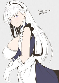 1girl apron azur_lane belfast_(azur_lane) blue_dress braid breasts dress frilled_gloves frills gloves half_up_braid highres large_breasts long_hair looking_at_viewer maid maid_apron maid_headdress purple_eyes smile solo taira_yuuki white_gloves white_hair