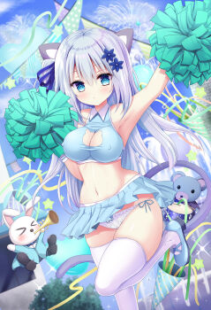 1girl aerial_fireworks animal_ears arm_up armpits balloon bare_shoulders blue_eyes blue_flower blue_ribbon blue_shoes blue_skirt blue_sky bow bow_panties breasts cat_cutout cat_ears cat_girl cat_tail cleavage cleavage_cutout closed_mouth clothing_cutout cloud commentary_request covered_erect_nipples crop_top day fireworks flower grey_hair hair_between_eyes hair_flower hair_ornament hair_ribbon heart_balloon highres looking_at_viewer medium_breasts miniskirt navel original outdoors panties party_popper pleated_skirt pom_pom_(clothes) ribbon shiwasu_horio shoes side-tie_panties skirt sky solo standing standing_on_one_leg streamers tail thighhighs underwear white_panties white_thighhighs