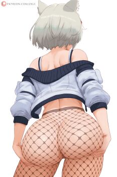1girl animal_ears ass ass_focus ass_support bare_shoulders bob_cut cat_ears cowboy_shot cropped_jacket facing_away fishnet_pantyhose fishnets from_behind grabbing_own_ass grey_hair highres jacket mio_(xenoblade) no_panties off_shoulder pantyhose short_hair simple_background solo spaghetti_strap tank_top white_background white_jacket white_tank_top xenoblade_chronicles_(series) xenoblade_chronicles_3 zelc-face