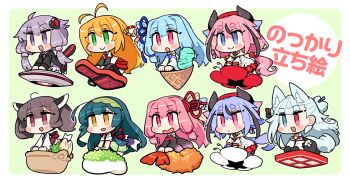 Rule 34 | 2others, 6+girls, :d, a.i. voice, ahoge, alpha transparency, animal ear fluff, animal ears, antenna hair, black dress, black gloves, black hair, black horns, black jacket, black sleeves, blonde hair, blue eyes, blue hair, blue ribbon, blush stickers, border, brown eyes, brown hair, chibi, chibi only, closed mouth, collared shirt, commentary request, detached sleeves, dress, food, fox ears, fox girl, fox tail, gloves, green background, green eyes, green hair, green hairband, green kimono, guitar case, hair ornament, hair ribbon, hairband, headgear, heterochromia, hood, hood down, hoodie, horns, ice cream, indie virtual youtuber, ini (inunabe00), instrument case, jacket, japanese clothes, kimono, kiritanpo (food), kotonoha akane, kotonoha aoi, long hair, long sleeves, meika hime, meika mikoto, mint chocolate, multicolored hair, multiple girls, multiple others, obi, open clothes, open jacket, open mouth, outline, outside border, pink eyes, pink hair, purple dress, purple eyes, purple hair, red eyes, red ribbon, red sash, ribbon, sailor collar, sash, shirt, short hair, short hair with long locks, short sleeves, shrimp, shrimp tempura, simple background, sitting, sleeveless, sleeveless dress, sleeveless shirt, smile, tail, tange kotoe, tempura, touhoku kiritan, touhoku zunko, tsurumaki maki, two-tone hair, virtual youtuber, vocaloid, voiceroid, white border, white hoodie, white kimono, white outline, white sailor collar, white shirt, yellow eyes, yuzuki yukari