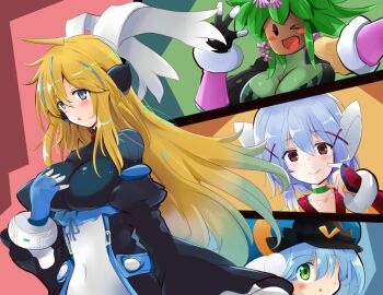 4girls blaster_master_zero blaster_master_zero_2 blonde_hair blue_eyes blue_hair blush blush_stickers breasts cleavage eve_(blaster_master_zero) green_eyes green_hair hair_ribbon hat kanna_(blaster_master_zero) large_breasts long_hair multiple_girls red_eyes ribbon robot_ears short_hair tae_(blaster_master_zero) tesset_(baster_master_zero) tonchinkan