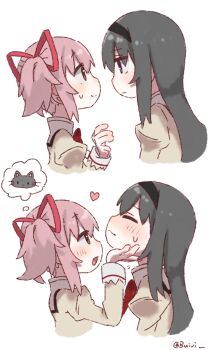 2girls akemi_homura black_hair blush buivi closed_mouth embarrassed hand_on_another's_chin heart highres kaname_madoka long_hair mahou_shoujo_madoka_magica mitakihara_school_uniform multiple_girls open_mouth pink_eyes pink_hair purple_eyes red_ribbon ribbon school_uniform scratching_chin short_hair short_twintails simple_background smile speech_bubble sweatdrop thought_bubble twintails twitter_username white_background yuri