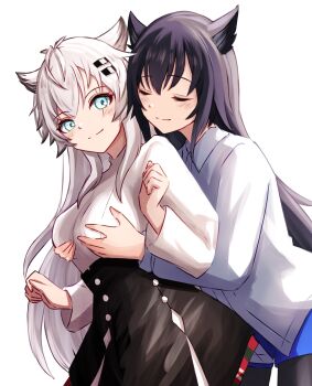 2girls animal_ears aqua_eyes arknights behind_another black_hair breasts closed_eyes closed_mouth commentary_request grabbing_another&#039;s_breast groping hair_ornament hairclip highres lappland_(arknights) long_hair long_sleeves medium_breasts multiple_girls partial_commentary scar scar_across_eye scar_on_face shirt simple_background smile split_mouth texas_(arknights) white_background white_hair white_shirt wolf_ears wolf_girl yoi_(a27963244) yuri