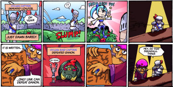 !? 1girl 2boys blue_hair comic english_text ganon gwonam helmet hyrule_warriors knight lana_(hyrule_warriors) link:_the_faces_of_evil link_the_faces_of_evil map multiple_boys nintendo setz star_(symbol) sword tavern the_legend_of_zelda the_legend_of_zelda_(cd-i) weapon