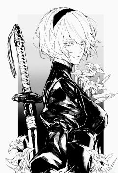 1girl 2b_(nier:automata) absurdres black_dress black_hairband dress flower greyscale hairband highres looking_at_viewer mole mole_under_mouth monochrome nier:automata nier_(series) nishiii26miii no_blindfold short_hair simple_background solo sword virtuous_contract weapon white_background white_hair