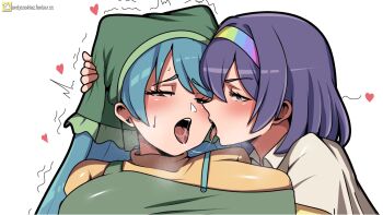 andycookiez blue_hair breasts french_kiss haniyasushin_keiki kiss long_hair looking_at_viewer purple_eyes purple_hair red_eyes saliva saliva_trail short_hair tenkyuu_chimata tongue tongue_out touhou white_background yuri