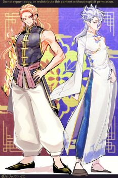 2boys alternate_costume androgynous bishounen black_clover blue_pants braid braided_bangs chinese_clothes commentary ejon_sc expressionless eyeliner facial_mark fire flaming_arm flaming_hand forehead_mark fuegoleon_vermillion full_body hand_on_own_hip highres long_hair long_sleeves looking_at_viewer magic makeup male_focus multiple_boys muscular muscular_male nozel_silva orange_hair pants purple_eyes pyrokinesis red_eyeliner shirt sleeveless sleeveless_shirt standing symbol-only_commentary white_hair white_pants