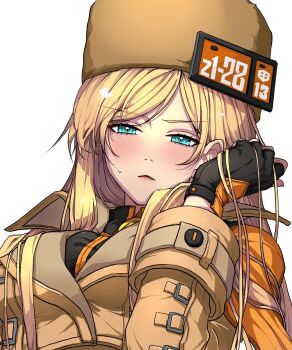 1girl black_gloves blonde_hair blue_eyes blush breasts ebi_pri_shrimp fingerless_gloves gloves guilty_gear highres large_breasts long_hair millia_rage solo upper_body
