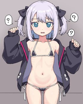 1girl ? bikini black_bikini black_jacket black_ribbon blue_eyes blush cowboy_shot flat_chest gluteal_fold hair_ribbon jacket loli looking_at_viewer lowleg lowleg_bikini medium_hair micro_bikini nattocurryumeee navel open_clothes open_jacket original peanut_mouth red_pupils ribbon ribs solo spoken_question_mark swimsuit two_side_up