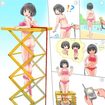 !? ... 1girl ass assisted_exposure bdsm beach bikini bikini_around_one_leg bikini_pull black_eyes black_hair bondage bound butt_crack clothes_pull comic controller frilled_bikini frills himeshaga humiliation lanyard original predicament_bondage remote_control rope short_hair silent_comic speech_bubble spoken_ellipsis swimsuit thought_bubble towel