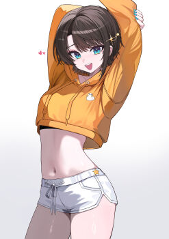 1girl :d absurdres arms_up black_bra black_hair blue_eyes blue_nails bra bra_peek cowboy_shot crop_top cropped_hoodie dolphin_shorts hashtag-only_commentary highres hololive hood hoodie kkato long_sleeves looking_at_viewer nail_polish navel oozora_subaru open_mouth orange_hoodie short_hair short_shorts shorts simple_background smile solo stomach swept_bangs teeth underwear upper_teeth_only virtual_youtuber white_background white_shorts